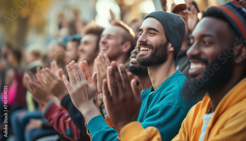 Group of young diverse people applauding, clapping hands at successful outside meeting or presentation. Generative AI