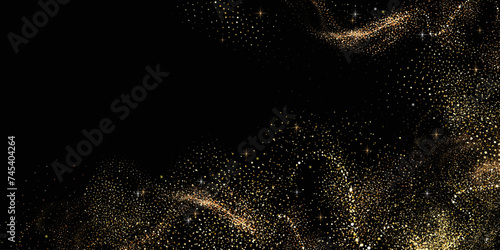 Collection of glittering stars with golden shimmering swirls, shiny glitter design. Magical motion, sparkling lines on a black background.