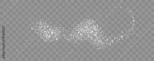 Collection of glittering stars with silver shimmering swirls, shiny glitter design. Magical motion, sparkling lines on a black background.