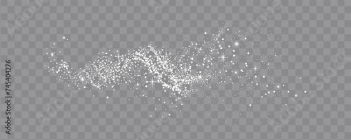 Collection of glittering stars with silver shimmering swirls, shiny glitter design. Magical motion, sparkling lines on a black background.