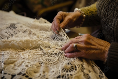 A woman sits at a table crafting lace with intricate patterns