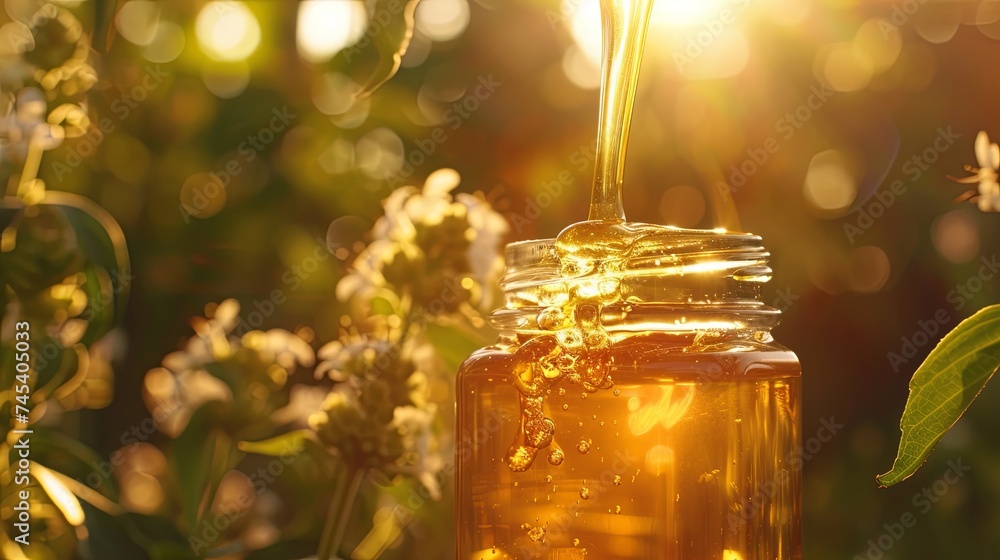 Honey jar on garden nature flowers on background concept Honey jar on garden nature flowers on background concept