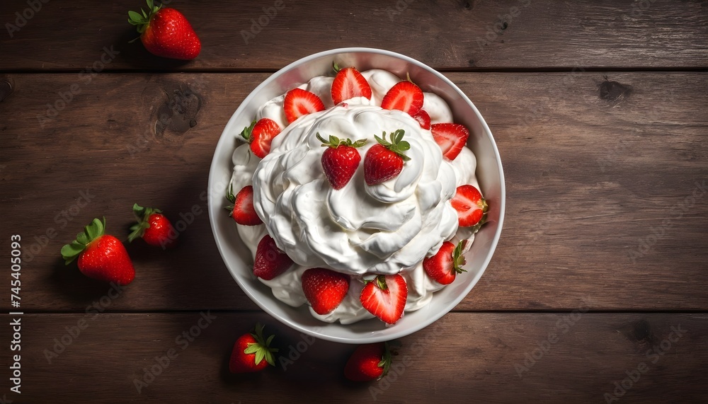Bowl of whipped cream with strawberries on a wooden table macro Bowl of whipped cream with strawberries on a wooden table macro