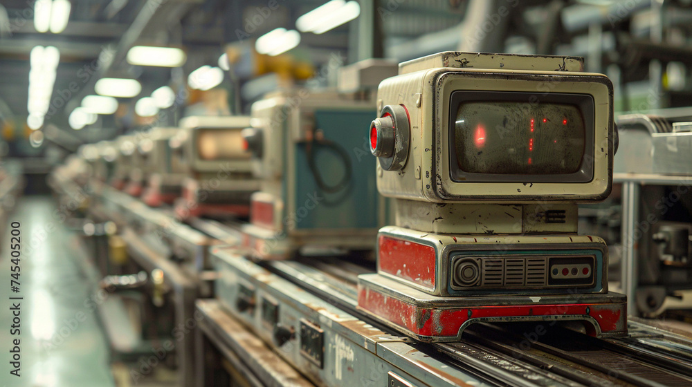 An ironic scene of a vintage production line reproducing futuristic gadgets, blending past and future in a single frame