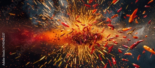 A vibrant display of red and yellow fireworks exploding in the night sky, creating dazzling bursts of light and color. The fiery explosions fill the air with excitement and energy, captivating
