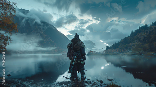 A samurai stands at the edge of a serene fjord his armor reflecting the cool hues of the water as a hologram of ancient lore flickers to life illuminating the twilight