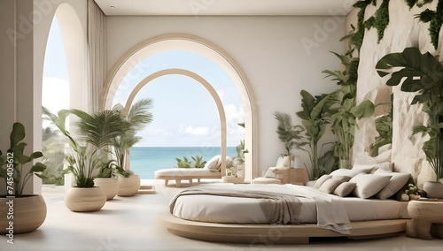 Ultra realistic photo of Modern take on upscale bali inspired small condo white cream stone, light wood round arches interor view of bedroom withtropical foliage
