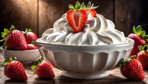Bowl of whipped cream with strawberries on a wooden table macro