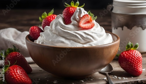Bowl of whipped cream with strawberries on a wooden table macro, sugar jar blurred i the background