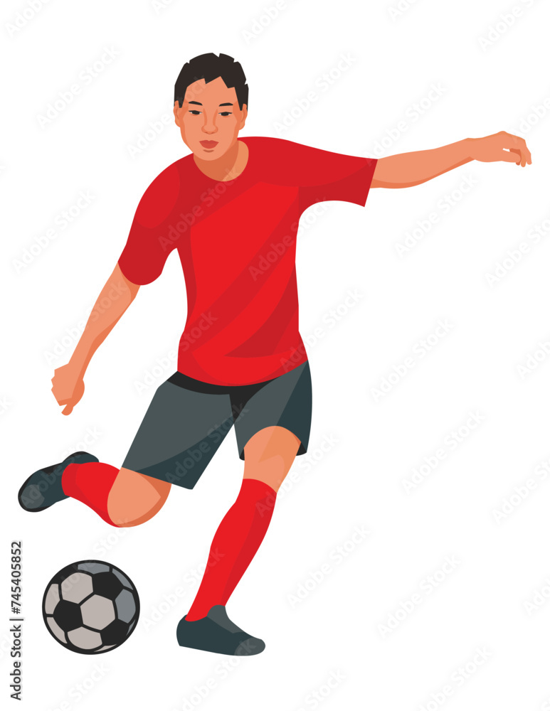 Chinese teenage boy in a red sports uniform playing football and going to kick the ball with his foot