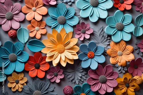 Background of multi-colored flowers cut out of paper. Generated by artificial intelligence
