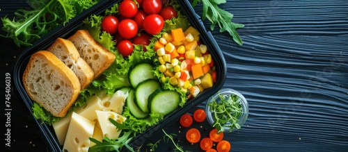 A plastic container filled with various types of food such as vegetables  cheese  and bread  arranged neatly on a dark wooden background.