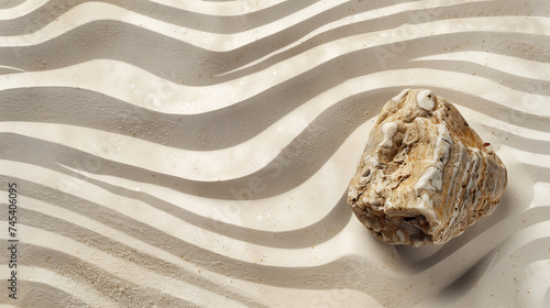 Arrière-plan de sable blanc ondulé avec une pierre : strates rocheuses claires, nacre ou sable aggloméré