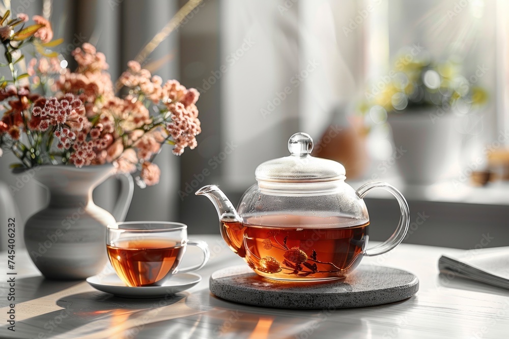 Glass teapot with blooming tea and a cup on a white table, indoor plants in the background.