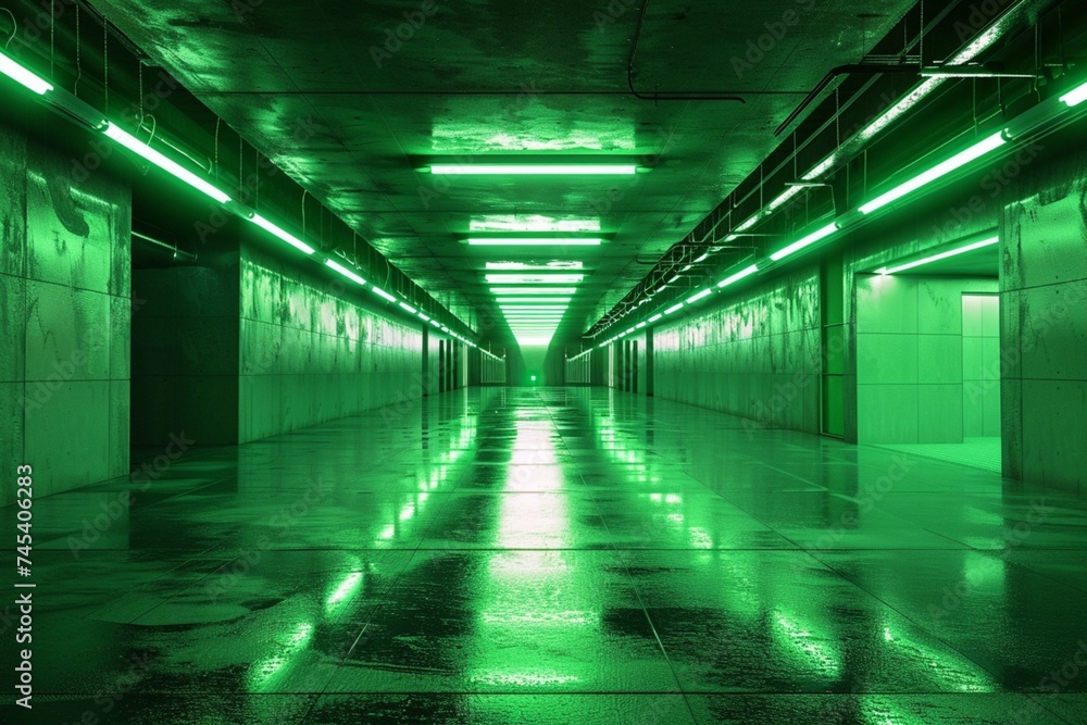 Sci Fi Futuristic Neon Laser Electric Cyber Glowing Bunker Green Lights Stage Garage Hangar Hallway Corridor Tunnel Cement Concrete Grunge Basement Club 3D Rendering