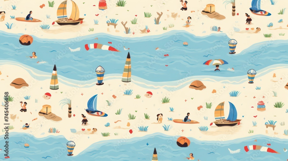 Illustration of a beach and children playing with a background of sea and grasslands and towers. Illustration of a beach and children playing with a background of sea and grasslands and towers.