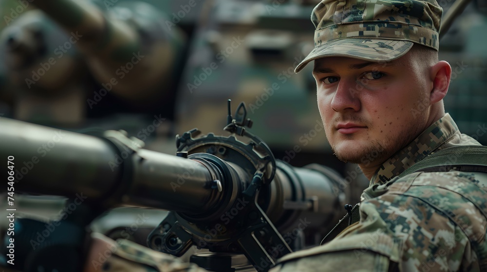 Focused soldier in military gear operating artillery. modern army uniform. portrait of determination and strength. defense force scenario. AI Focused soldier in military gear operating artillery. modern army uniform. portrait of determination and strength. defense force scenario. AI