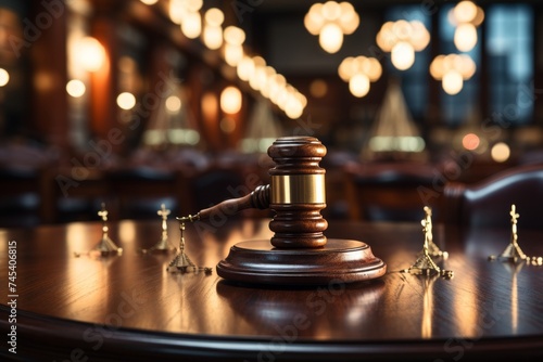 Judges bench on wooden table, courtroom, library background. Making a decision in court