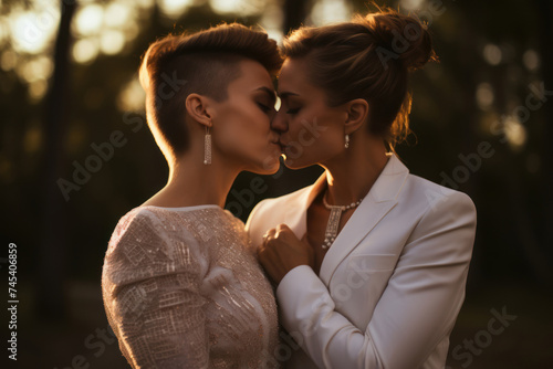 Wedding gay couple kissing and hugging in the forest at sunset