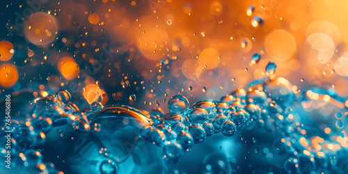 Abstract blue and orange water background. Liquid close-up. Image for packaging design, wallpapers, posters. Banner with copy space.