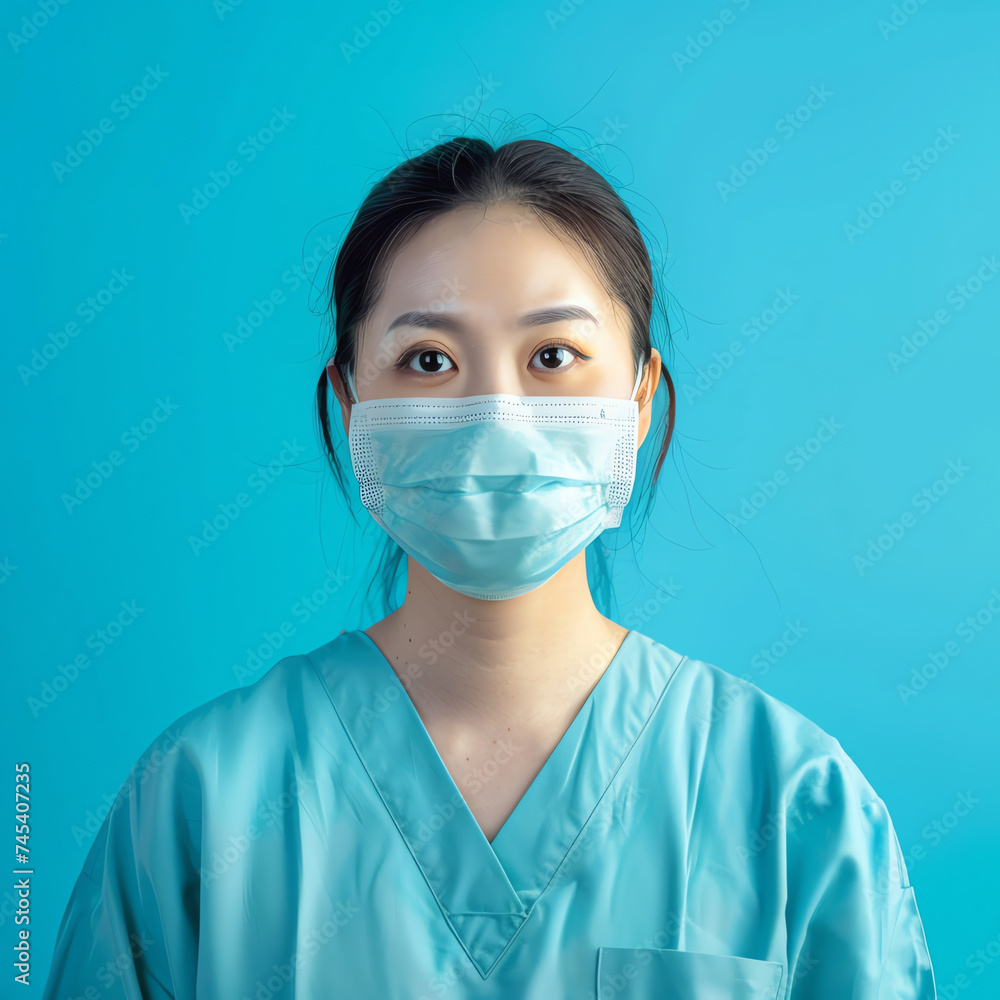 Resolute Female Nurse with Mask Against Blue Background Resolute Female Nurse with Mask Against Blue Background