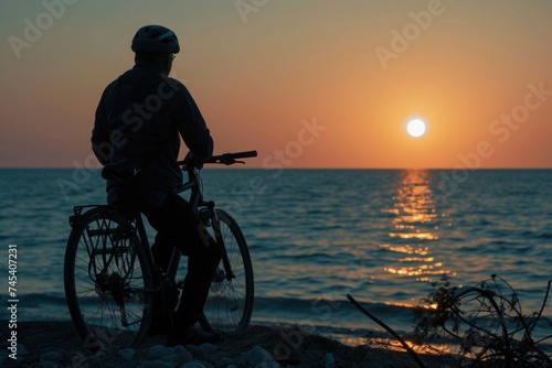 Man by bicycle on beach at sunset  wheel touching water  under sky