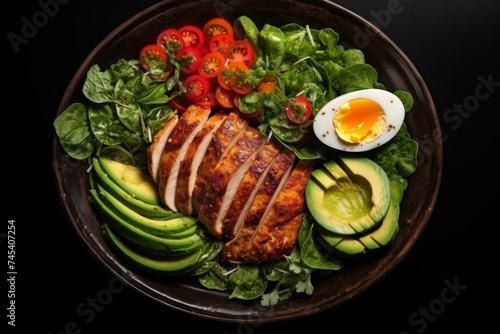 Rich salad plates of green leaves and vegetables with avocado or eggs, chicken and shrimp isolated on wooden table