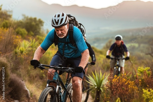 Two cyclists ride mountain bikes on trail with helmets in nature © Anna