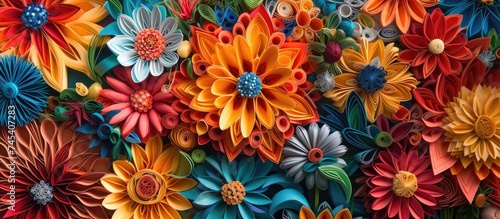 A variety of vibrant handmade quilling flowers in different colors are showcased on a wall, creating a mesmerizing and visually appealing display. These intricate flowers add a pop of color and