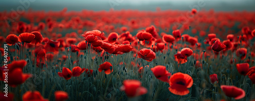 field of bright red poppies under the soft glow of the sunset, a picturesque scene of natural beauty and tranquility