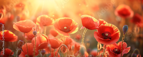 field of bright red poppies under the soft glow of the sunset, a picturesque scene of natural beauty and tranquility