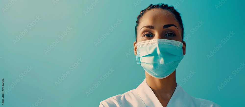 Resolute Female Nurse with Mask Against Blue Background Resolute Female Nurse with Mask Against Blue Background