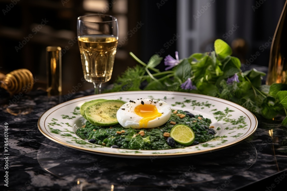 Rich salad plates of green leaves and vegetables with avocado or eggs, chicken and shrimp isolated on a wooden table on a light background