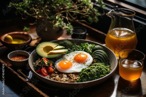 Rich salad plates of green leaves and vegetables with avocado or eggs, chicken and shrimp isolated on a wooden table on a light background