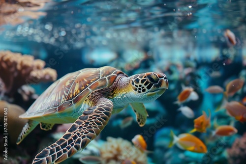 turtle with group of colorful fish and sea animals with colorful coral underwater in ocean.
