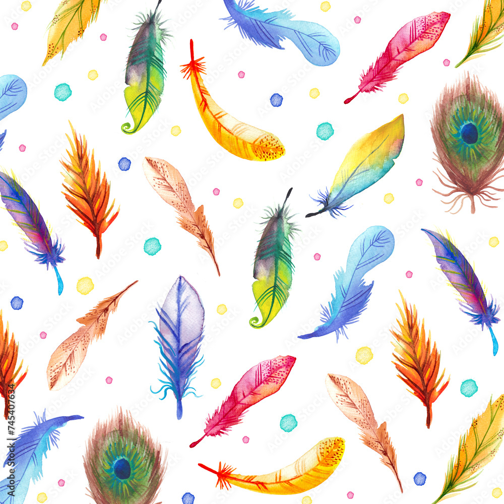 Obraz premium Bohemian seamless pattern with watercolor colorful feathers.