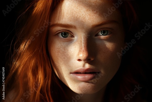 Close-up portrait of woman with striking features and bright blue eyes in studio lighting © Emvats