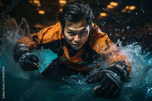 Hockey player. Capture the dynamic motion of a hockey game sliding across the ice against a vivid background. © Emvats