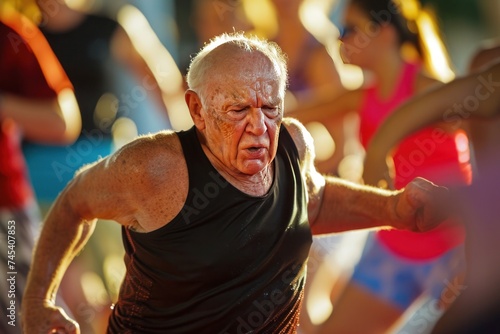 Elderly man participating in a running event at the gym with others photo