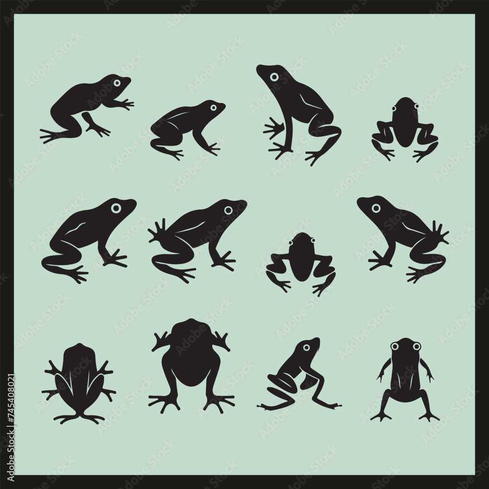 set of silhouettes of frog on a leaf,  collection of frog