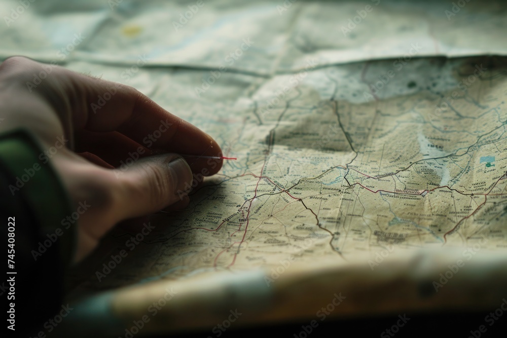The person is gesturing at a map with their thumb The person is gesturing at a map with their thumb