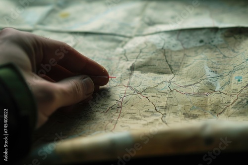 The person is gesturing at a map with their thumb