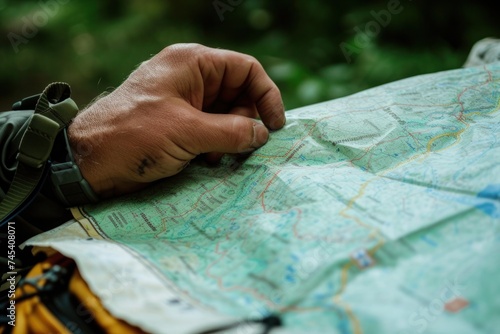 a person is looking at a map in the woods