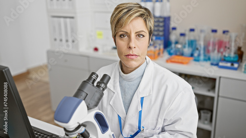 Confident woman scientist with short blonde hair in a lab coat using a microscope in a laboratory setting.