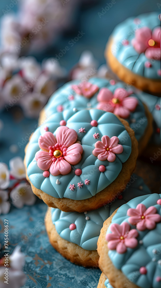 Cookies decorated with icing in a vintage quilt pattern in shades of blue and pink.