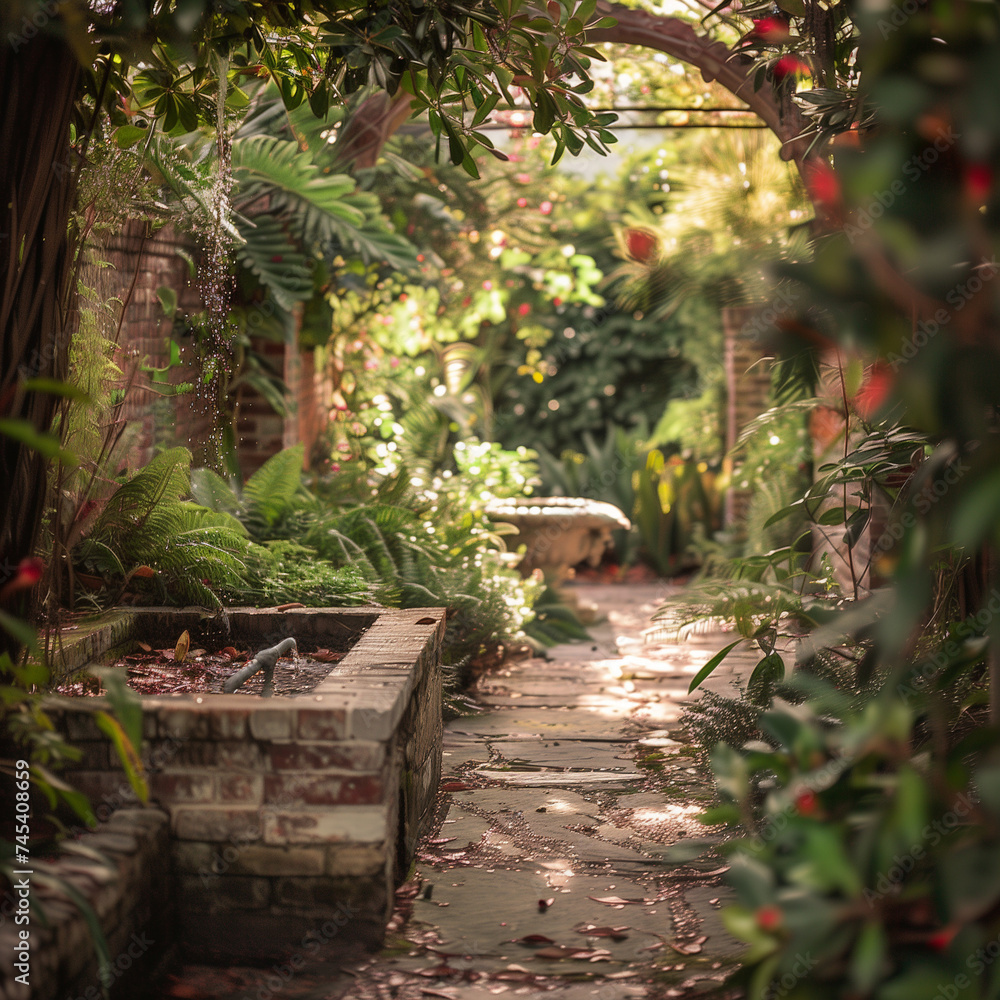 Serene Garden Pathway with Lush Greenery and Brick Details Serene Garden Pathway with Lush Greenery and Brick Details
