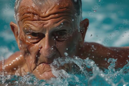 An elderly swimmer enjoying water leisure at the pool
