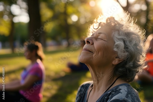 an elderly woman is sitting in a park with her eyes closed