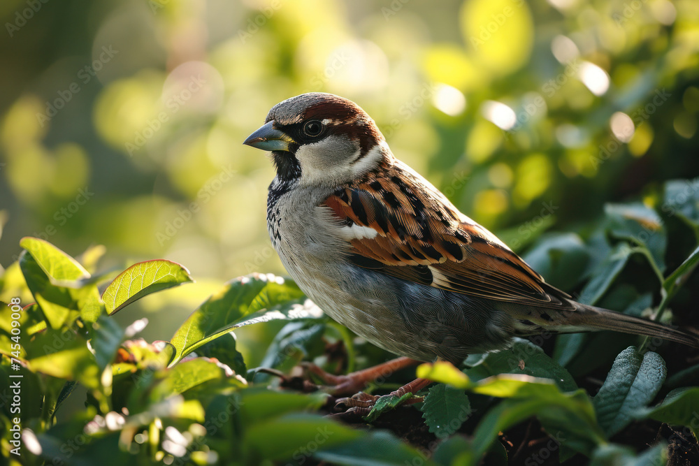 Naklejka premium Sparrow on a branch in a morning light and blurry Background