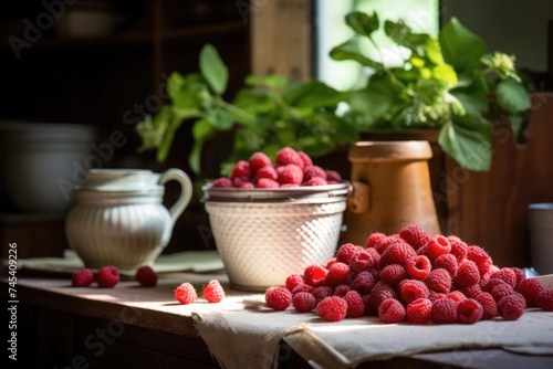 Ripe raspberries in a rustic setting with soft, natural light, offering a sense of freshness and homeliness.